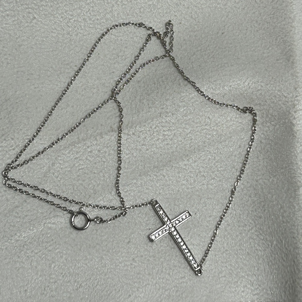 Sterling Silver Sideways Cross Necklace Dainty Clear Crystals Stamped 925 18"L - Picture 11 of 12